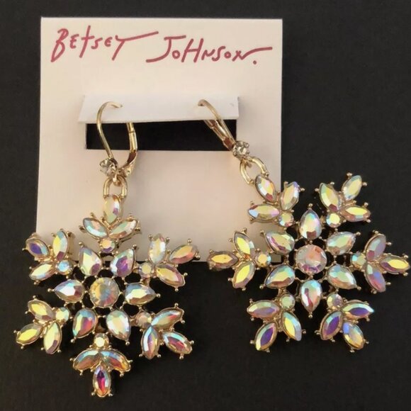 NEW Betsey Johnson Snowflake Drop Earrings Gold Toned AB Crystals Authentic - Picture 1 of 4